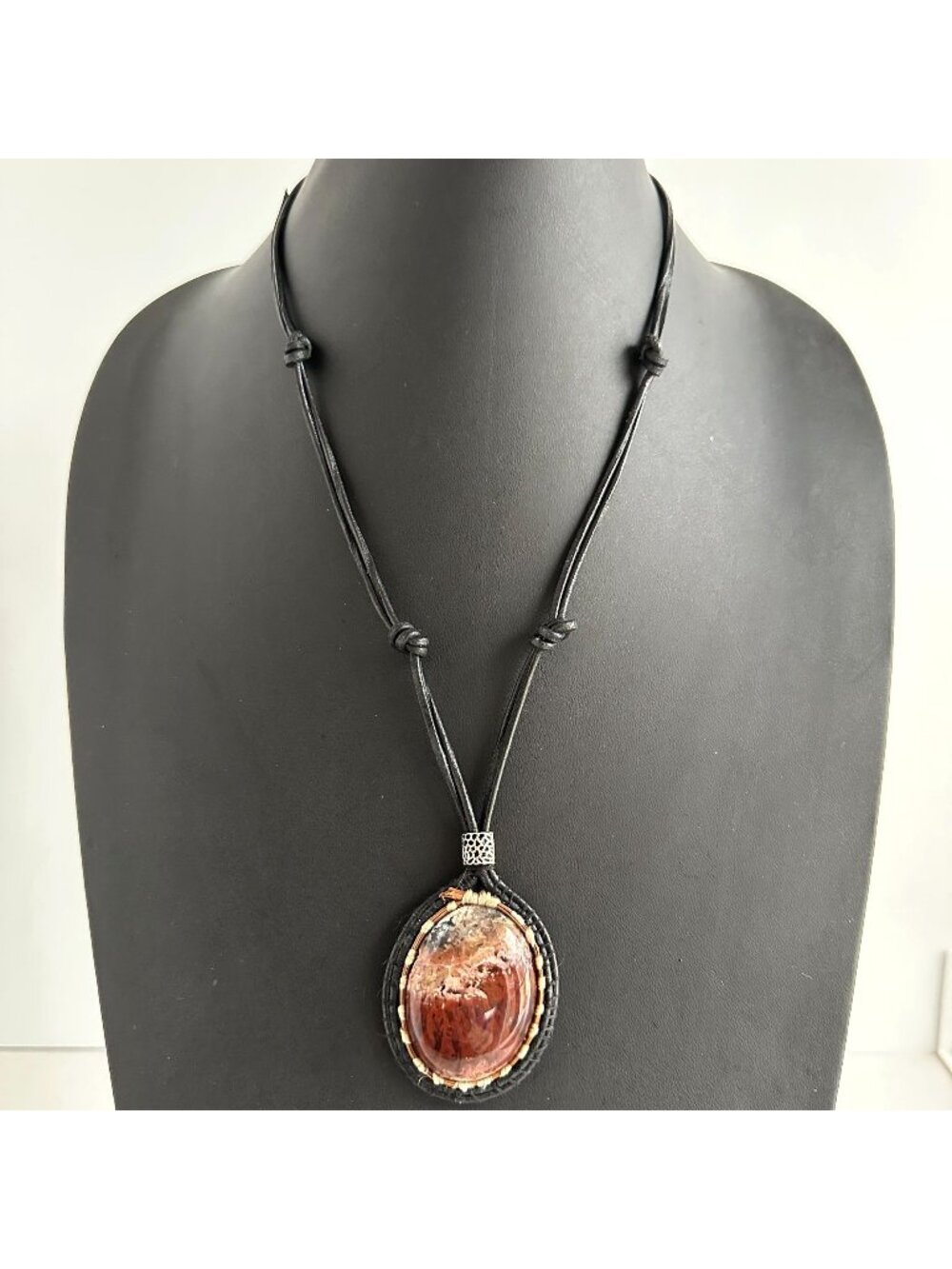 Jasper Cabochon Copper Wire Wrapped Leather Pendant Necklace Boho Artisan